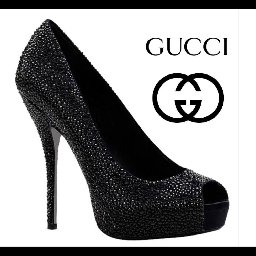 GUCCI Black Satin Strass Embroidered Sofia Etoile Peep Toe Pumps Size 37.5 🔥